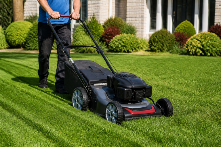 Tonte d'une pelouse avec une tondeuse thermique tractée type Oleo-Mac sur terrain résidentiel