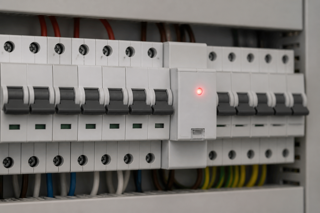 Délesteur sur tableau électrique avec voyant rouge allumé type Delta Dore GP500