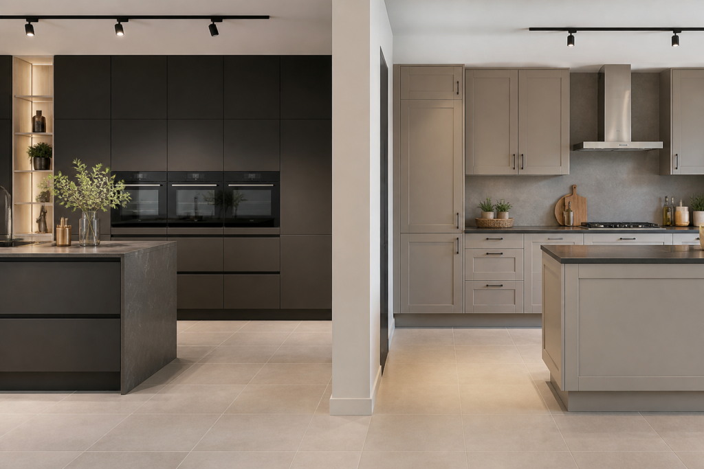 Deux cuisines équipées modernes comparées en showroom illustrant la différence entre Schmidt et Socoo'c
