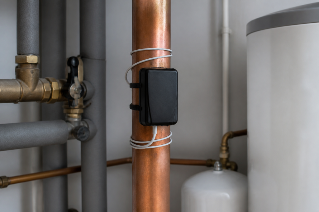 Boîtier anti-calcaire électronique type Dropson EMI 2500 installé sur une canalisation d'eau domestique