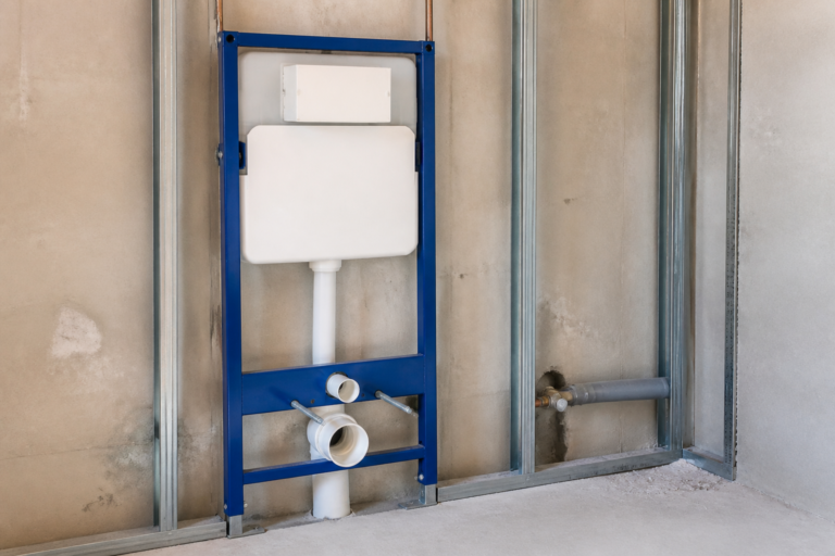 Bâti-support de WC suspendu avec sortie d'évacuation PVC près du sol avant pose du carrelage