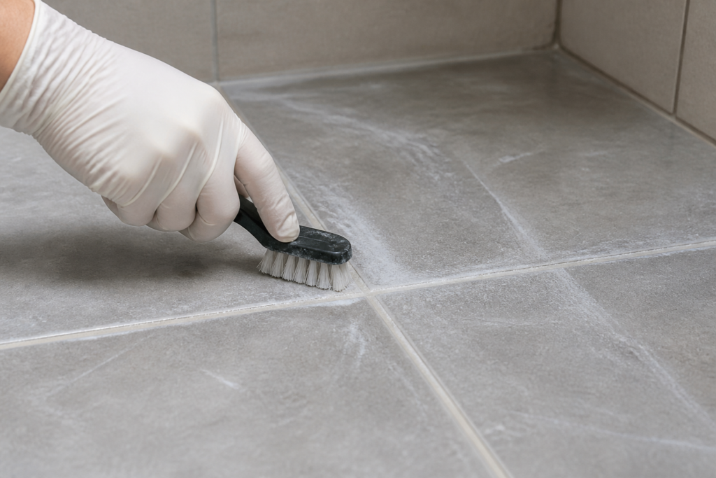 Joint de carrelage blanchi par un voile de laitance nettoyé à la brosse dans une salle de bains