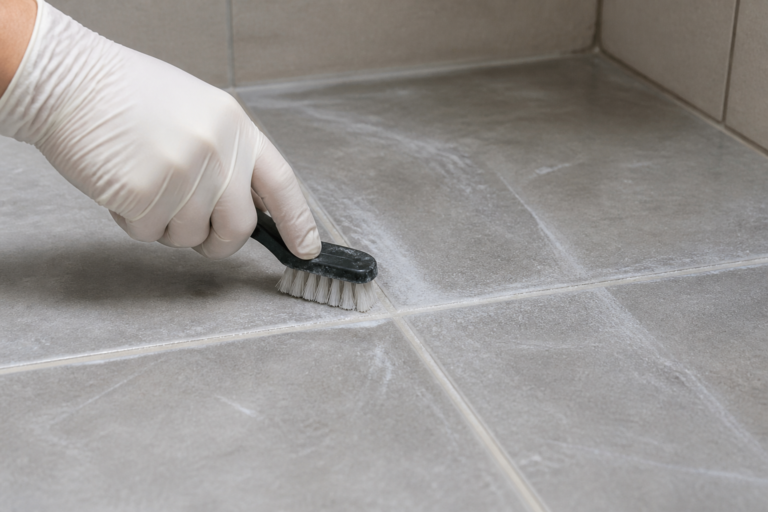 Joint de carrelage blanchi par un voile de laitance nettoyé à la brosse dans une salle de bains