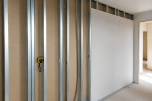 Ossature métallique avec montants placo espacés pour un mur, illustrant l'entraxe 40 ou 60 cm