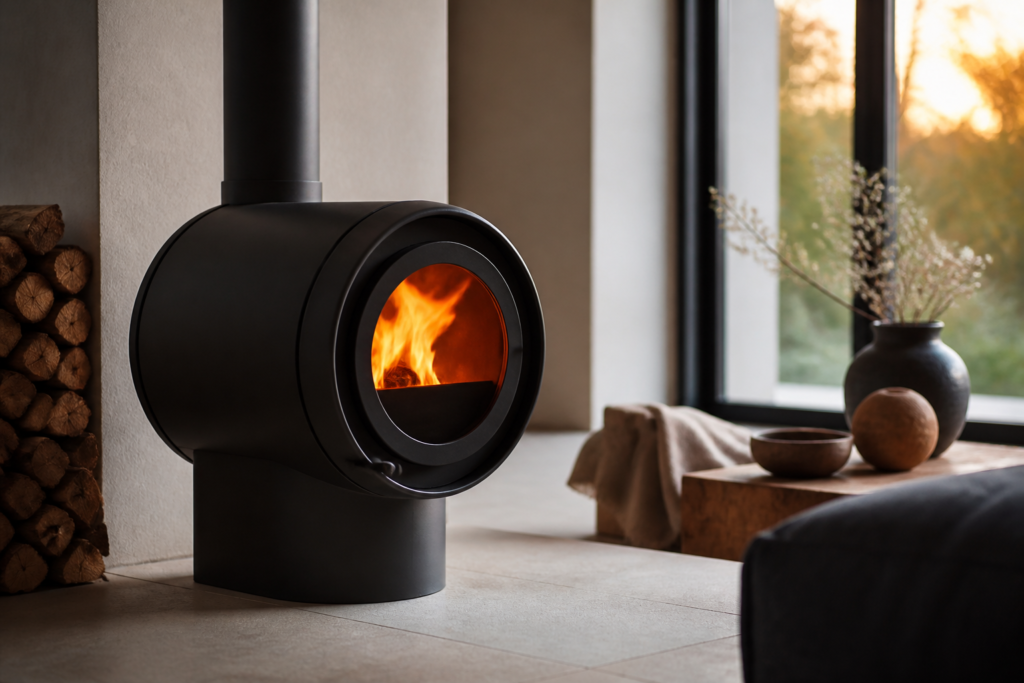 Poêle à bois cylindrique Stûv 30 à tambour rotatif avec feu visible à travers la vitre