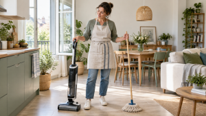 Femme en tablier dans une pièce lumineuse, hésitant entre un aspirateur laveur et une serpillière pour nettoyer le sol.