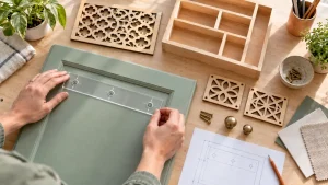 Gabarit de perçage et éléments décoratifs découpés sur mesure pour rénover une porte de meuble.