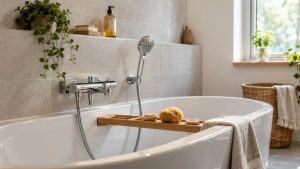 Baignoire avec mitigeur mural installé