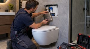 Plombier inspectant le mécanisme d’un WC suspendu