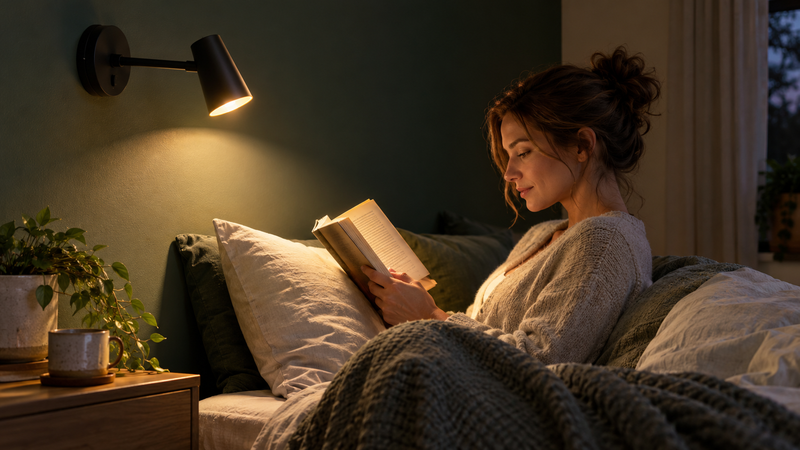 Femme lisant au lit sous une applique murale orientable diffusant une lumière chaude et ciblée.