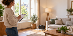 Propriétaire vérifiant les points à améliorer dans un salon lumineux avant l’estimation de sa maison.